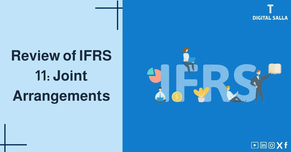 "Illustrative image for an article on IFRS11 Standard: Joint Arrangements. It displays the article's title, along with an illustration symbolizing the content, depicting a group of people sitting on the letters IFRS."