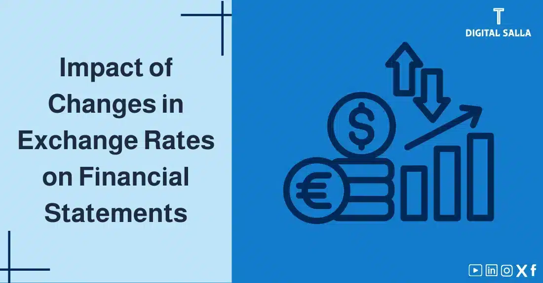 "Illustrative image for an article on the Impact of Exchange Rate Changes on Financial Statements. Features the article title, alongside a graphic symbolizing the article's content, depicting currencies and graphs with rising and falling arrows."
