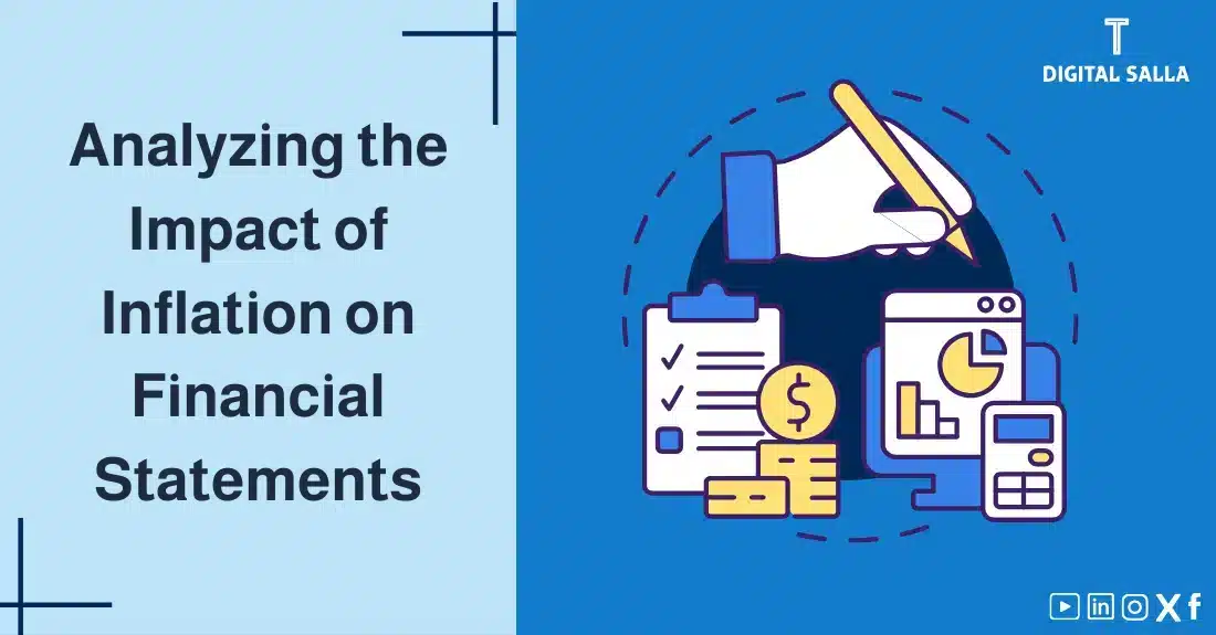 "Illustrative image for an article on analyzing theImpact of Inflation on Financial Statements. Features the article title, alongside a graphic symbolizing the article's content, depicting a hand writing with accounting tools."