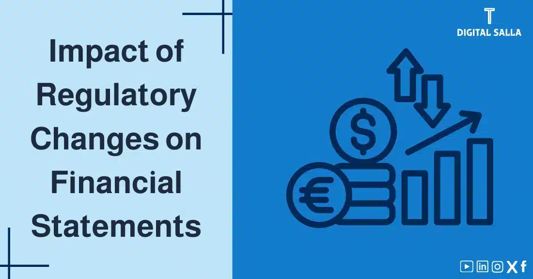 "Illustrative image for an article on the Impact of Regulatory Changes on Financial Statements. Features the article title, alongside a graphic symbolizing the article's content, depicting currencies and graphs with rising and falling arrows."