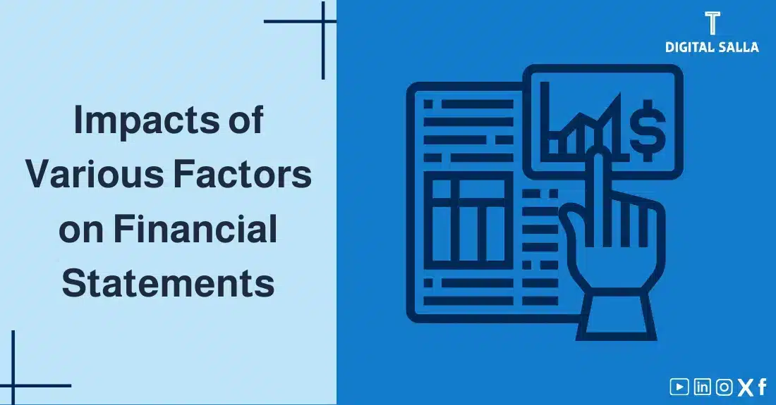 "Illustrative image for an article on the effects of Impacts of Various Factors on Financial Statements. Features the article title, alongside a graphic symbolizing the article's content, depicting a hand pointing to data on a smartphone."