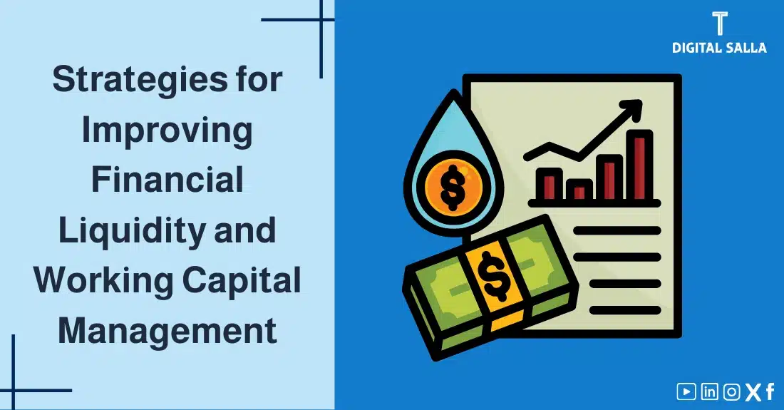 "Illustrative image for an article on strategies for improving financial liquidity and working capital management. Features the article title, alongside a graphic symbolizing the article's content, depicting a paper with a graph and currency."