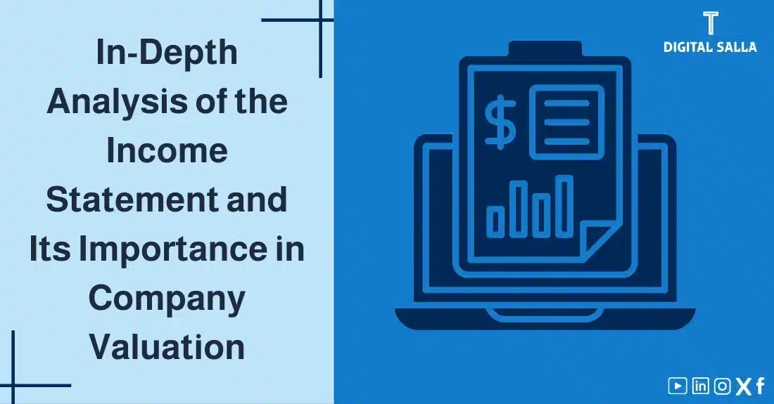 "Illustrative image for an article on in-depth Income Statement Analysis and its importance in company valuation. Features the article title, alongside a graphic symbolizing the article's content, depicting a laptop displaying financial data and graphs."