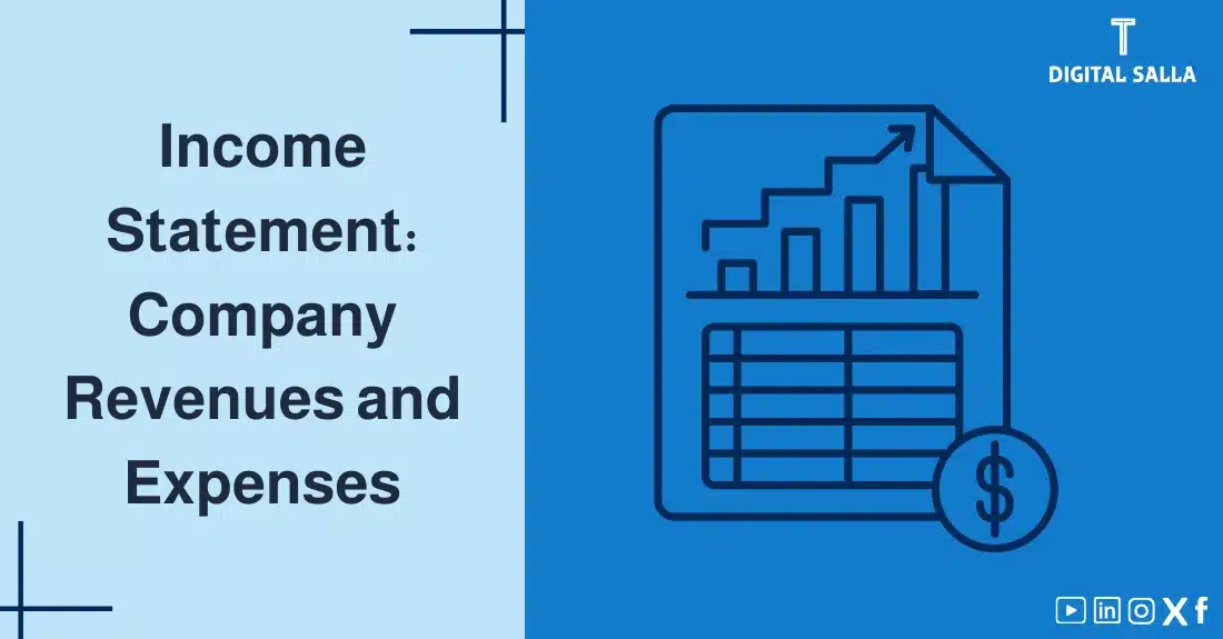 "Illustrative image for an article on the Income Statement: company revenues and expenses. Features the article title, alongside a graphic symbolizing the article's content, depicting a paper with a graph and a dollar symbol."