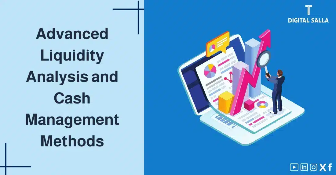"Illustrative image for an article on advanced Liquidity Analysis techniques and cash flow management. Features the article title, alongside a graphic symbolizing the article's content, depicting a person analyzing data on a laptop."