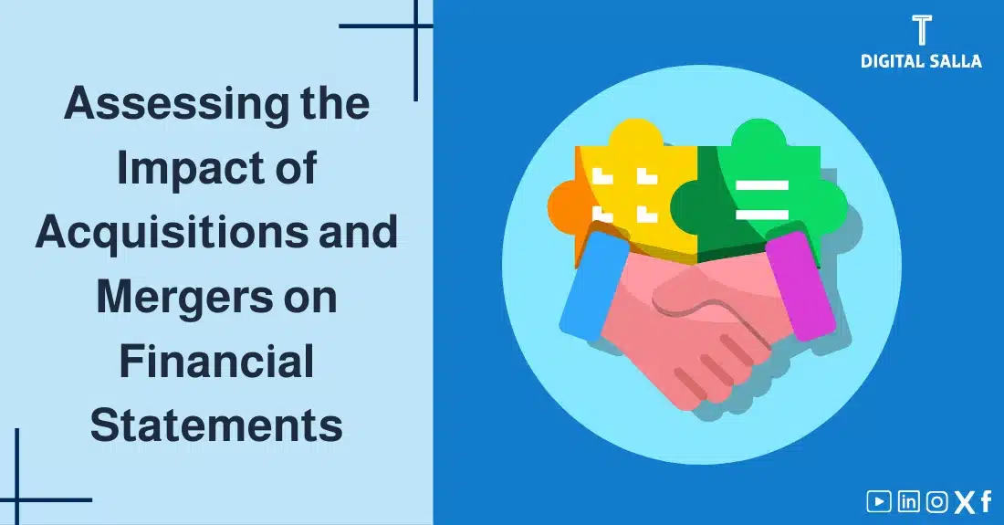 "Illustrative image for an article on assessing the impact of Mergers and Acquisitions on financial statements. Features the article title, alongside a graphic symbolizing the article's content, depicting two hands shaking over puzzle pieces."