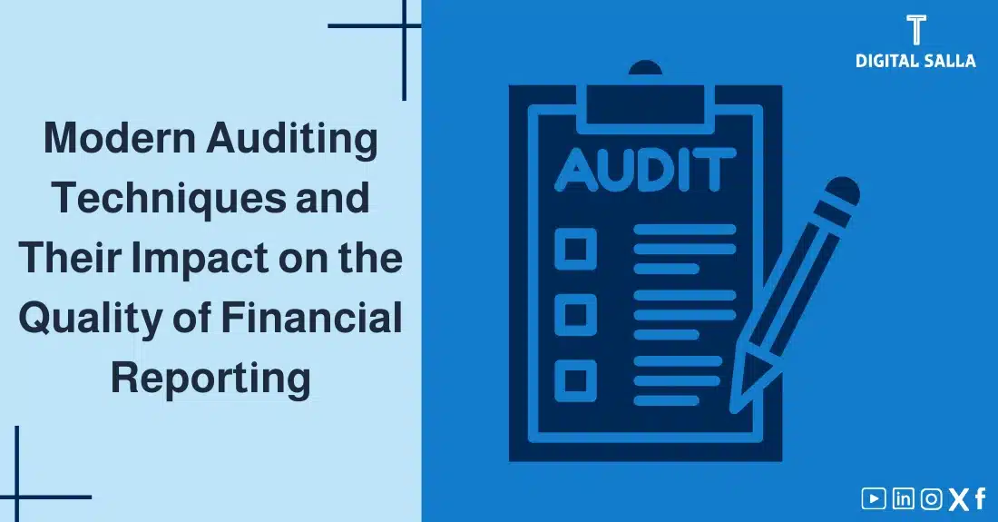"Illustrative image for an article onModern Auditing Techniques and their impact on the quality of financial reporting. Features the article title with the word "AUDIT," alongside a graphic symbolizing the article's content, depicting a checklist with a pen."