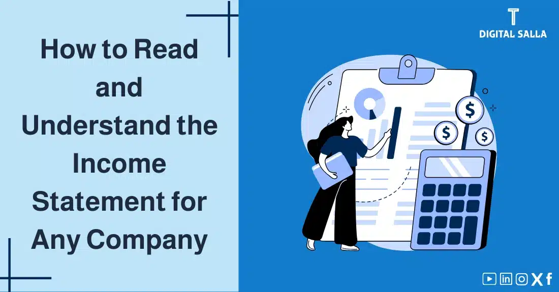 "Illustrative image for an article on how to Reading the Income Statement and understand an income statement for any company. Features the article title, alongside a graphic symbolizing the article's content, depicting an accountant explaining an income statement next to a calculator."