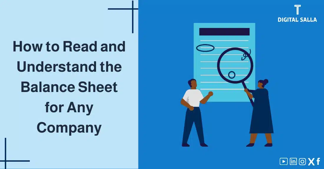 "Illustrative image for an article on how to Reading the Statement of Financial Position and understand a balance sheet for any company. Features the article title, alongside a graphic symbolizing the article's content, depicting two people looking at a financial statement with a magnifying glass."