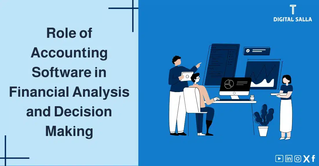 "Illustrative image for an article on the Role of Accounting Software in Financial Analysis and Decision Making. Features the article title, alongside a graphic symbolizing the article's content, depicting people working on computers."