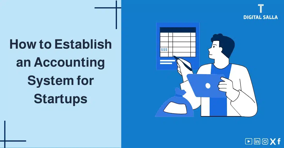 "Illustrative image for an article on how to Setting Up an Accounting System. Features the article title, alongside a graphic symbolizing the article's content, depicting an accountant reviewing a financial statement using a tablet."