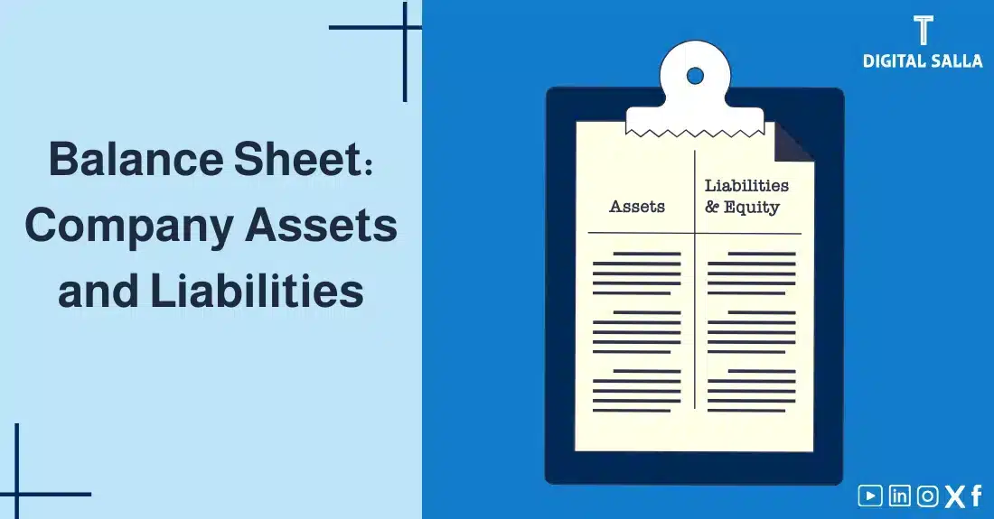 "Illustrative image for an article on the Statement of Financial Position : company assets and liabilities. Features the article title, alongside a graphic symbolizing the article's content, depicting a list divided into assets, liabilities, and equity."