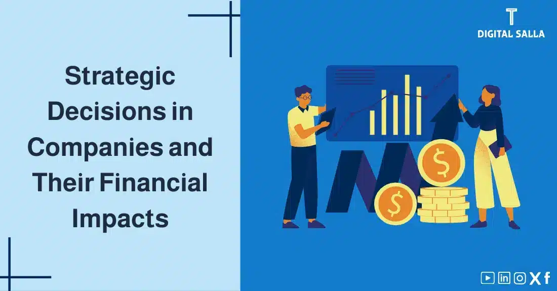"Illustrative image for an article on Strategic Decisions in companies and their financial impacts. Features the article title, alongside a graphic symbolizing the article's content, depicting two people pointing to a graph with currency."