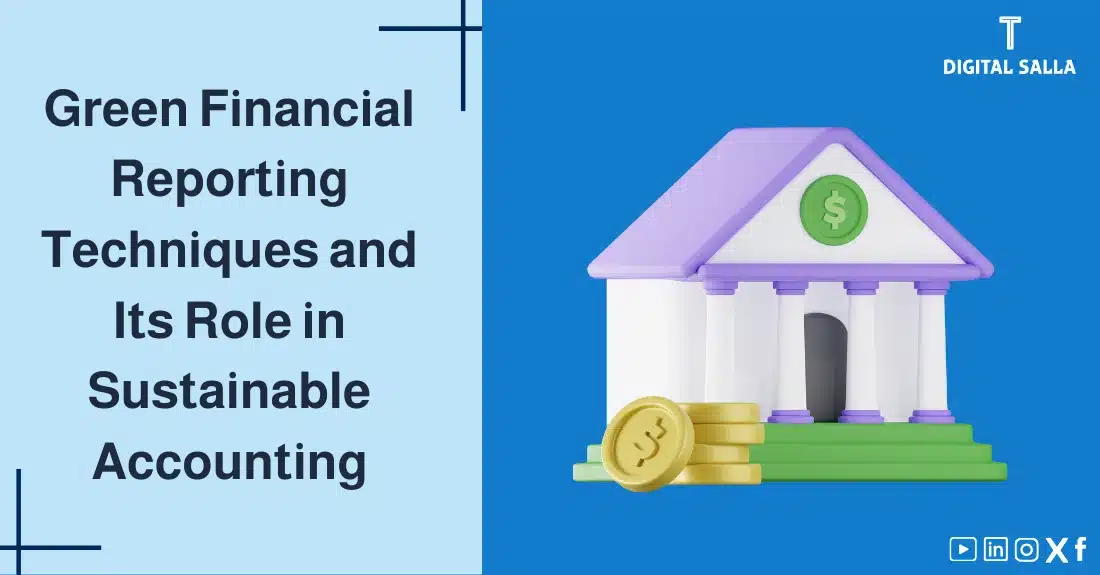 "Illustrative image for an article on green financial reporting techniques and their role in Sustainable Accounting. Features the article title, alongside a graphic symbolizing the article's content, depicting a bank with currency."