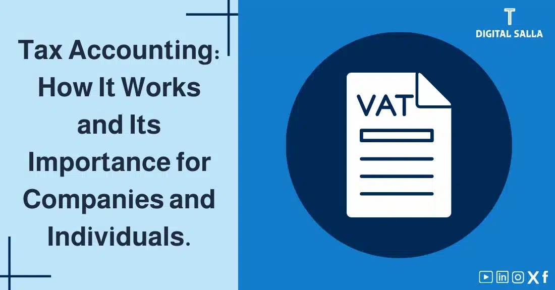 Article image on tax accounting. The image contains a main title about how tax accounting works and its importance to companies and individuals, with an icon representing a tax document specific to Value Added Tax (VAT).