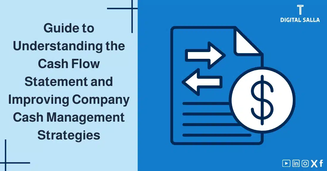 "Illustrative image for an article on Understanding the Statement of Cash Flows and improving company cash management strategies. Features the article title, alongside a graphic symbolizing the article's content, depicting a paper with two arrows and a dollar symbol."