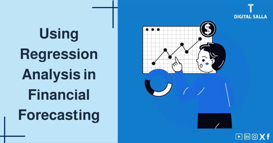 "Illustrative image for an article onUsing Regression Analysis in financial forecasting. Features the article title, alongside a graphic symbolizing the article's content, depicting a person pointing to a graph on a screen."
