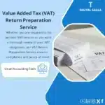 "An advertising design for the VAT Return Preparation Service from Digital Salla, featuring an image of tax documents labeled 'VAT Return' along with text explaining the importance of the service in tax compliance. Social media icons are displayed at the bottom."