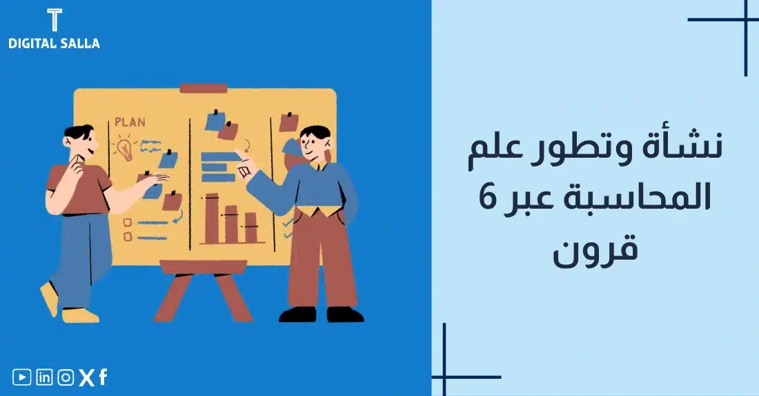 صورة تحتوي على تصميم بصري يوضح مفهوم نشأة وتطور علم المحاسبة عبر 6 قرون. يظهر في الجزء الأيسر شخصان يناقشان مخططًا يحتوي على رسوم بيانية وملاحظات معلقة، مما يرمز إلى تطور المحاسبة. في الجزء الأيمن، يظهر نص عربي مكتوب بخط واضح يعبر عن موضوع الصورة، مع شعار "DIGITAL SALLA" في الزاوية العلوية. الخلفية باللون الأزرق الفاتح، مع عناصر تصميمية حديثة.